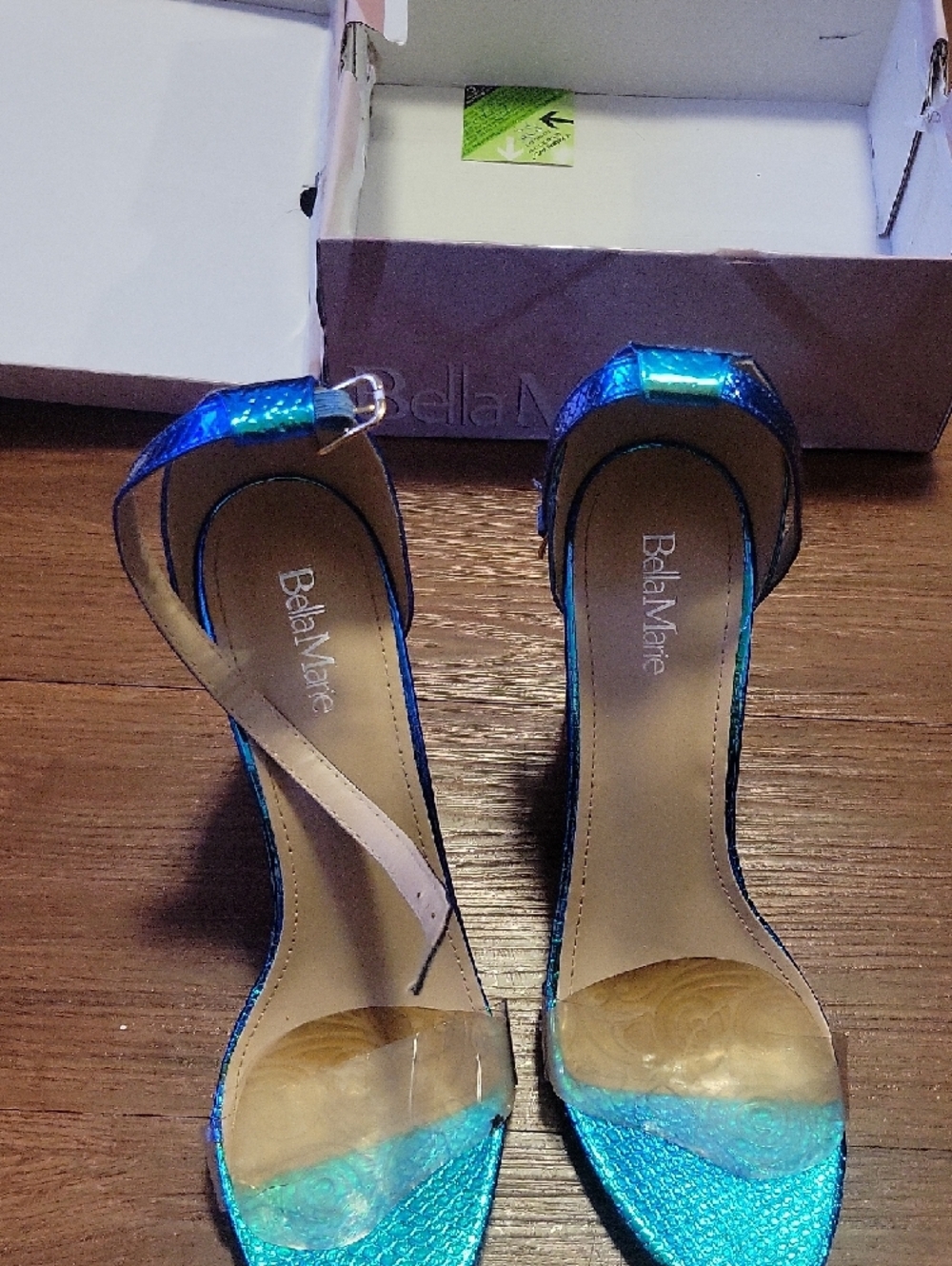 Bella Marie Iridescent Blue Green Block Heel Sandals - Picture 2 of 5
